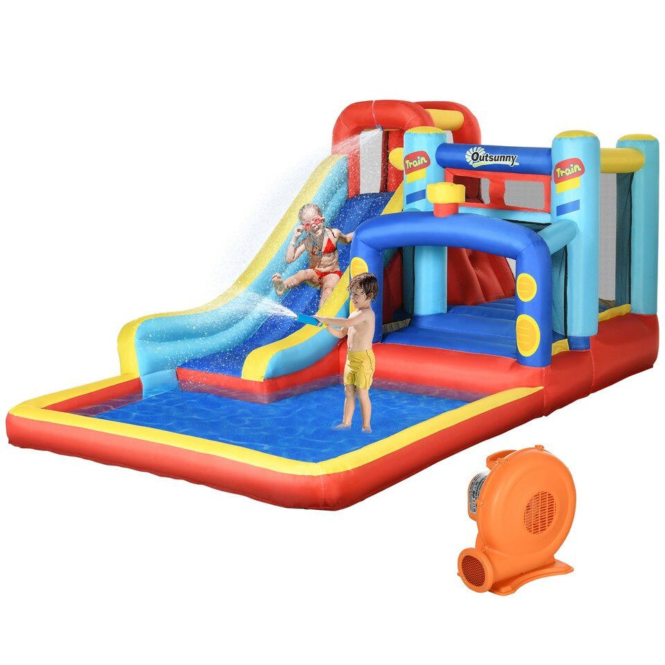 image 1 of Outsunny 4-in-1 Kids Bouncy Castle w/ Slide, Trampoline, Climbing Wall