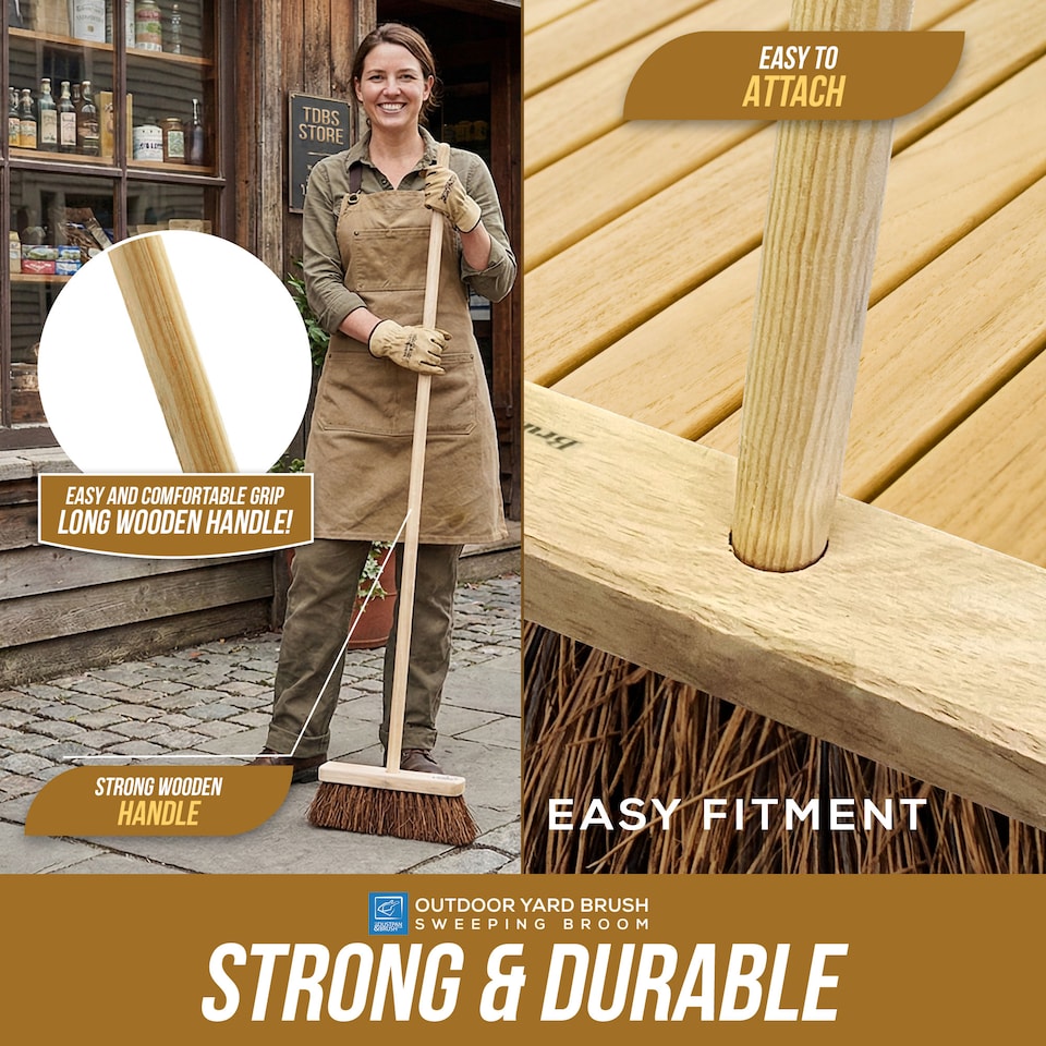 image 1 of Garden Broom Outdoor with Wooden Handle Natural Stiff Bassine Hard Bristle Sweeping Brush