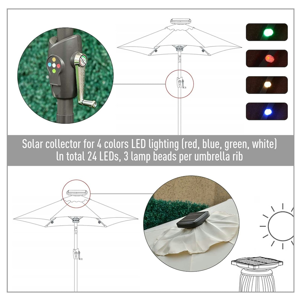 image 1 of Outsunny Garden Parasol Outdoor Tilt Sun Umbrella LED Light Off-white