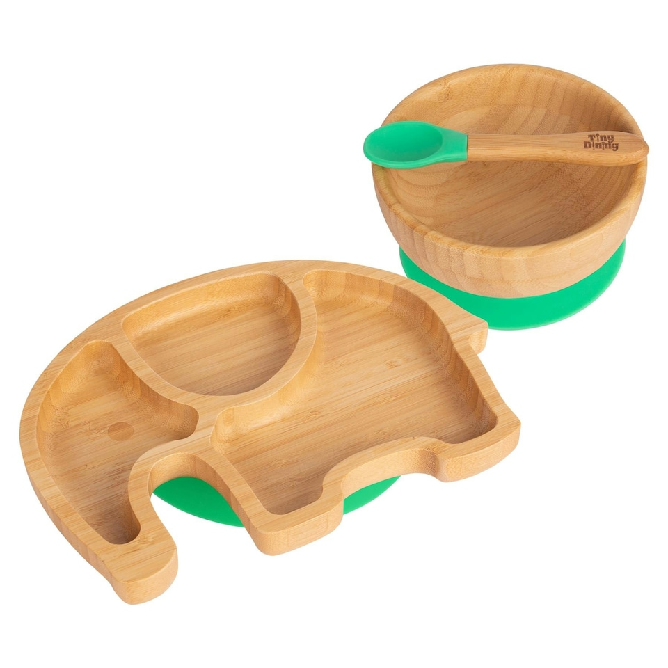 image 1 of Tiny Dining Children's Bamboo Suction Elephant Dinner Set - Green
