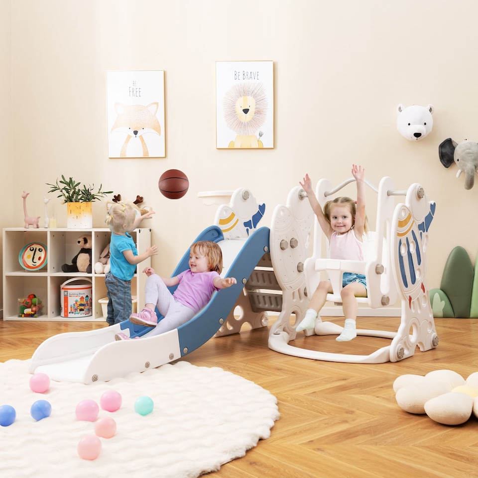 image 1 of COSTWAY Toddler Slide and Swing Set 4-in-1 Indoor Playground With Extended Slide