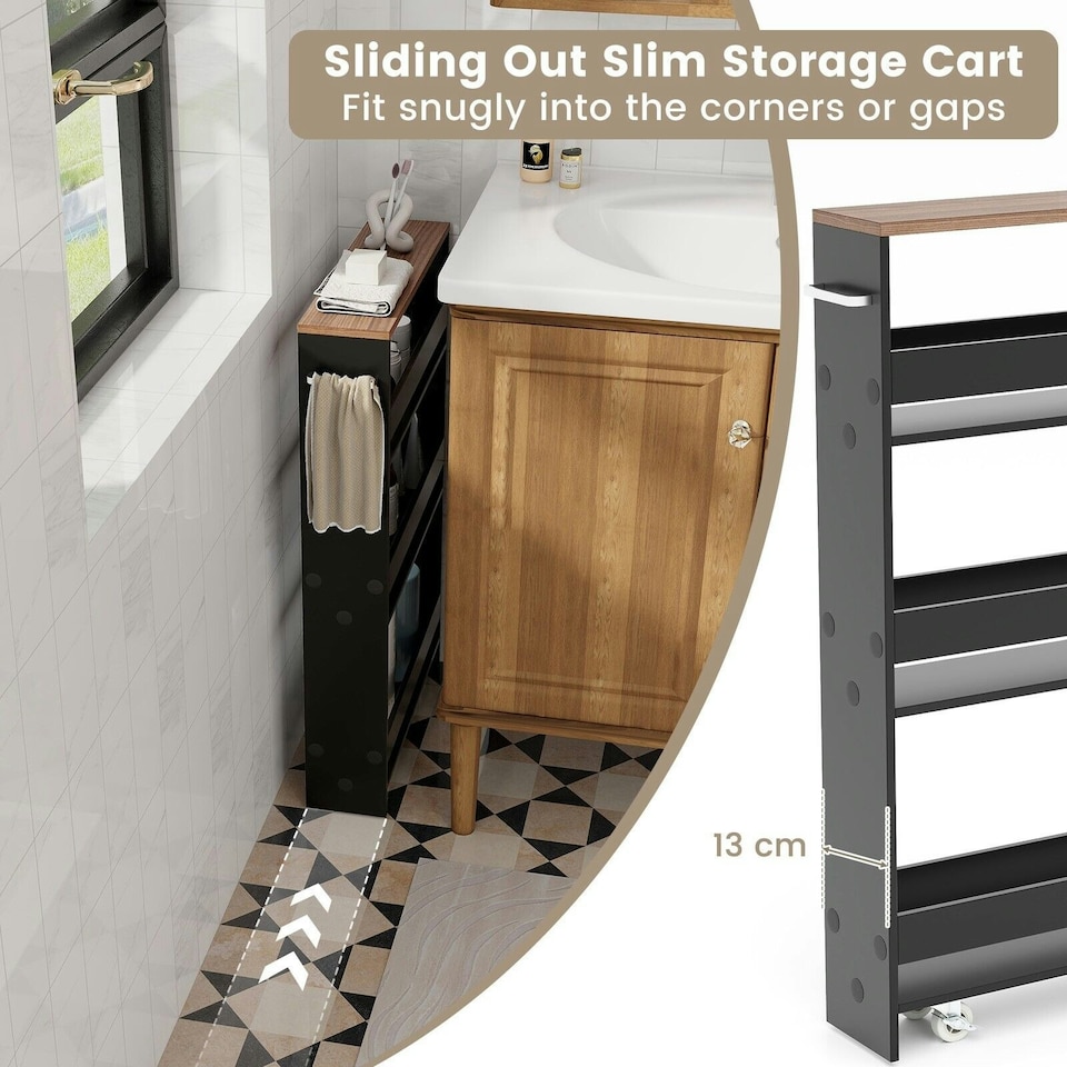 image 1 of COSTWAY 4-Tier Slim Storage Cart with Open Shelves Black Black