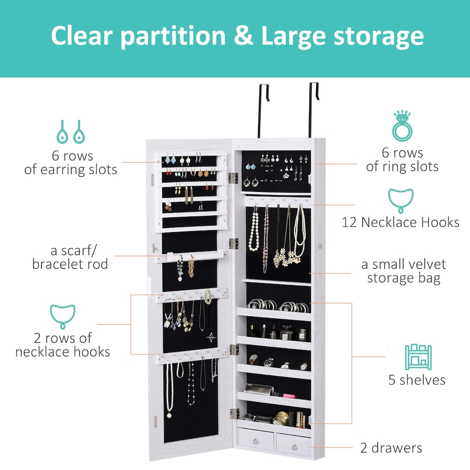 image 1 of HOMCOM Hanging Mirrored Jewel Storage Cabinet Organiser Lockable w/6 LED White