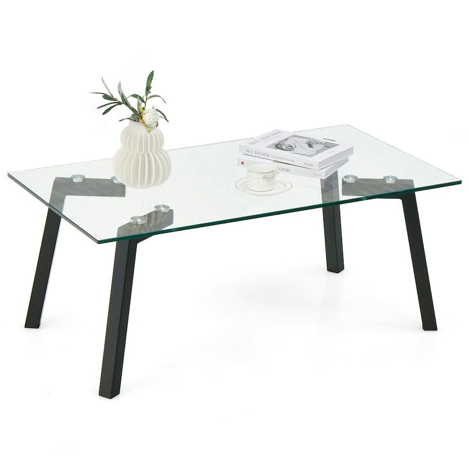 image 1 of COSTWAY Tempered Glass Coffee Table Rectangular Cocktail Table Black