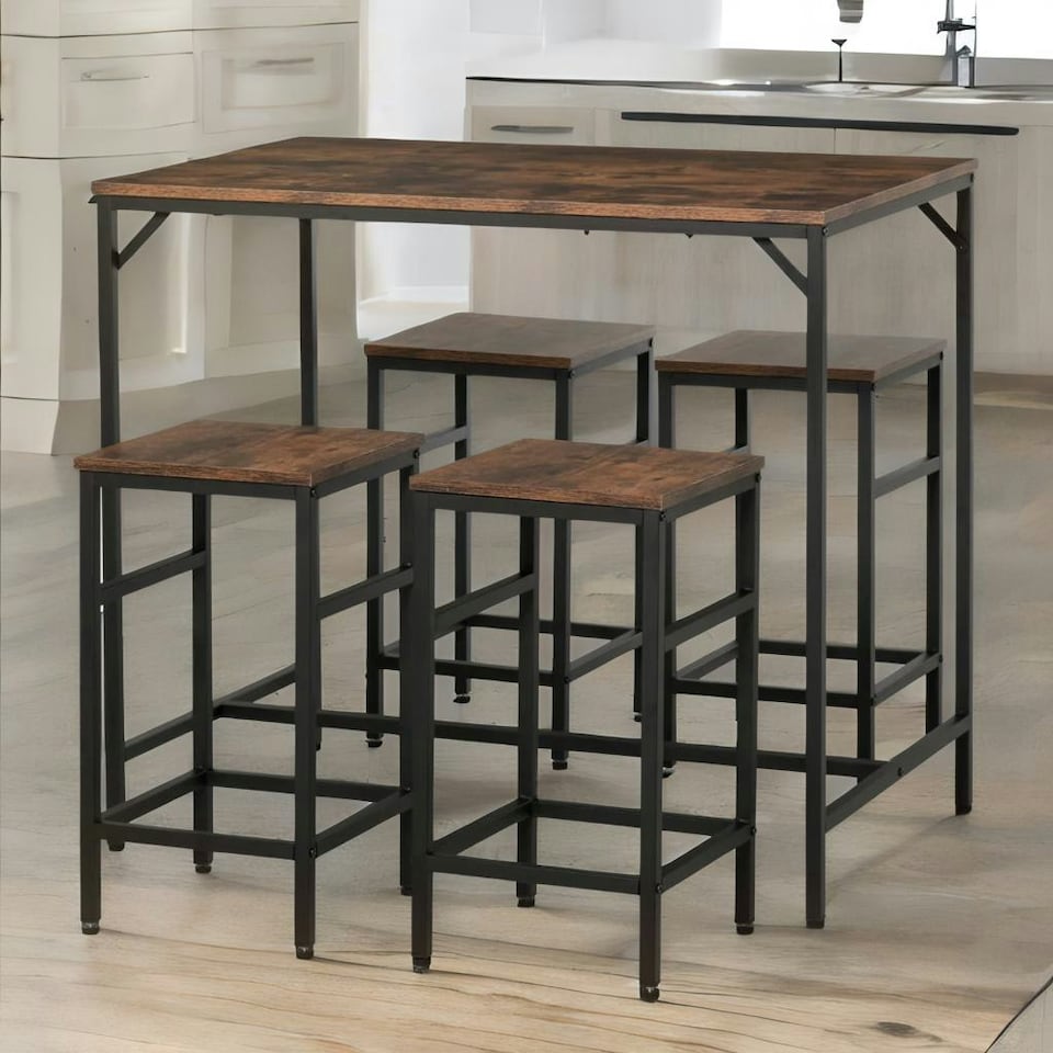 image 1 of Industrial Dining Table And 4 Stools Set Rustic Brown Brown