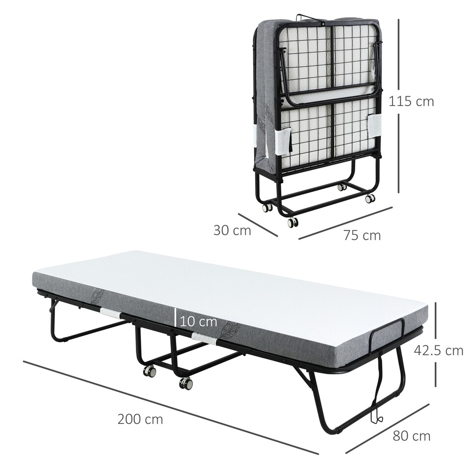 image 1 of HOMCOM Folding Bed with 10cm Mattress, Portable Foldable Guest Bed with Wheels