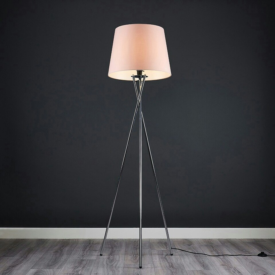 image 1 of ValueLights Camden Chrome Tripod Floor Lamp Pink Taper Shade & Bulb Pink