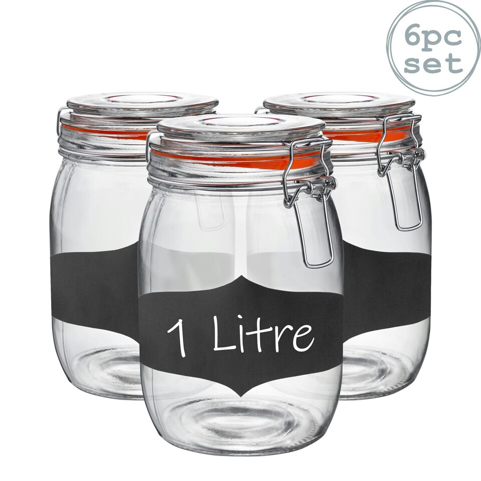 image 1 of Argon Tableware Glass Storage Jars with Labels - 1 Litre - Orange Seal - Pack of 6