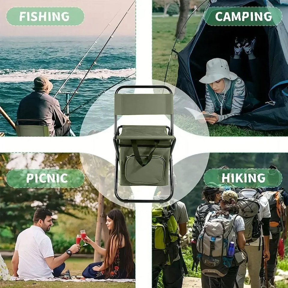 image 1 of 2X Folding Camping Chair Lightweight Foldable Fishing Chairs Portable Camping Chair Cooler Bag Outdoor Backrest Stool
