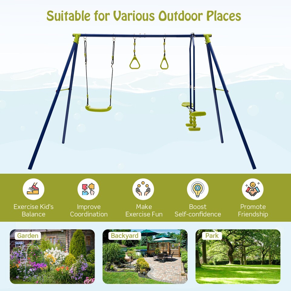 image 1 of COSTWAY 3-in-1 Swing Set A-Frame Swing Set Multifunctional Activity Playset for Backyard