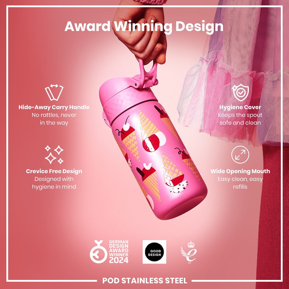 image 1 of Leak Proof Kids Water Bottle, Stainless Steel, 400ml (13oz) | Pink | Ice Creams | One Size