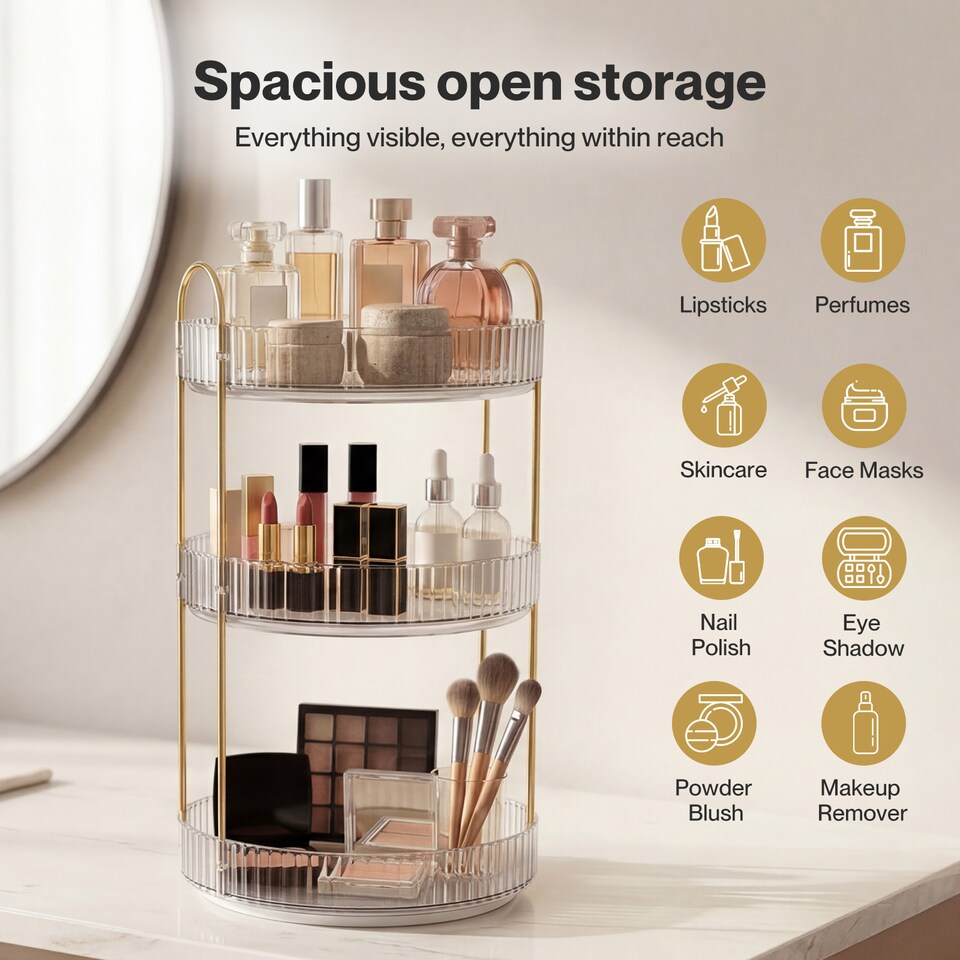 image 1 of ilus Makeup Organiser 360 Rotating Spinning 3 Tiers Cosmetic Organizer | White | White
