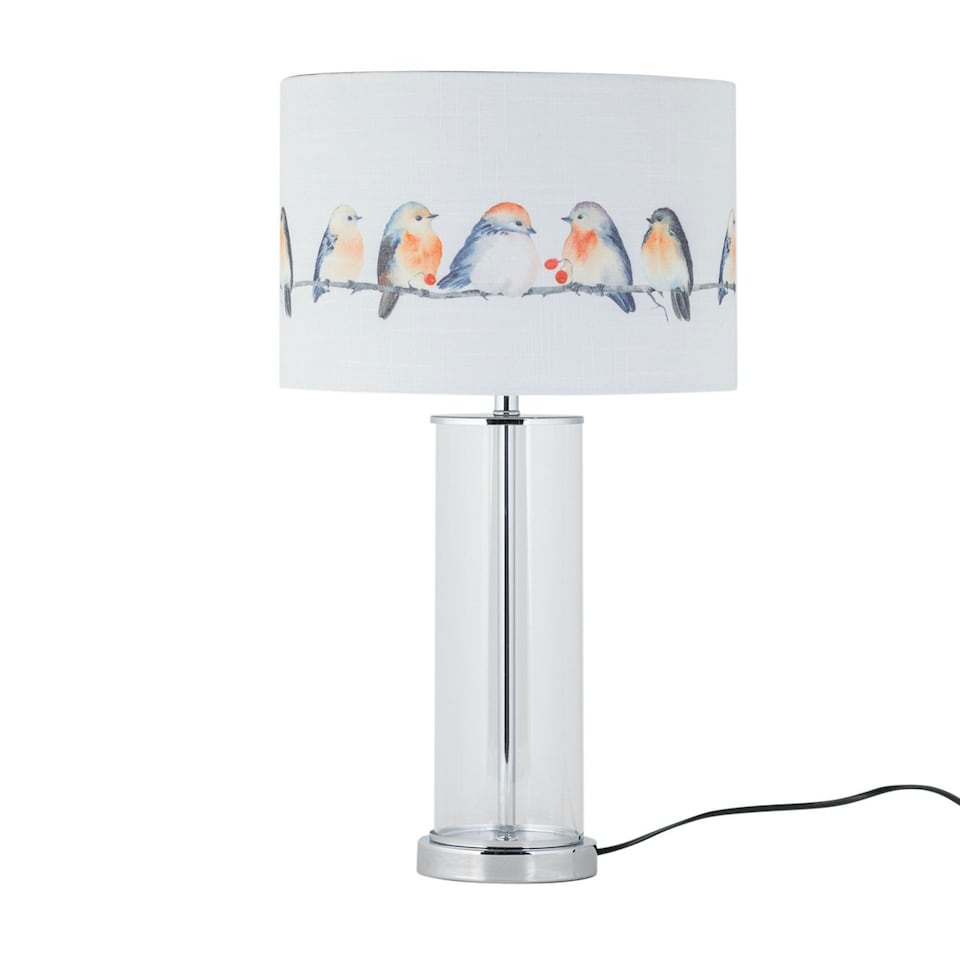 image 1 of Set of 2 Aura - Chrome Table Lamps with Bird Print Linen Shades Chrome | Multi