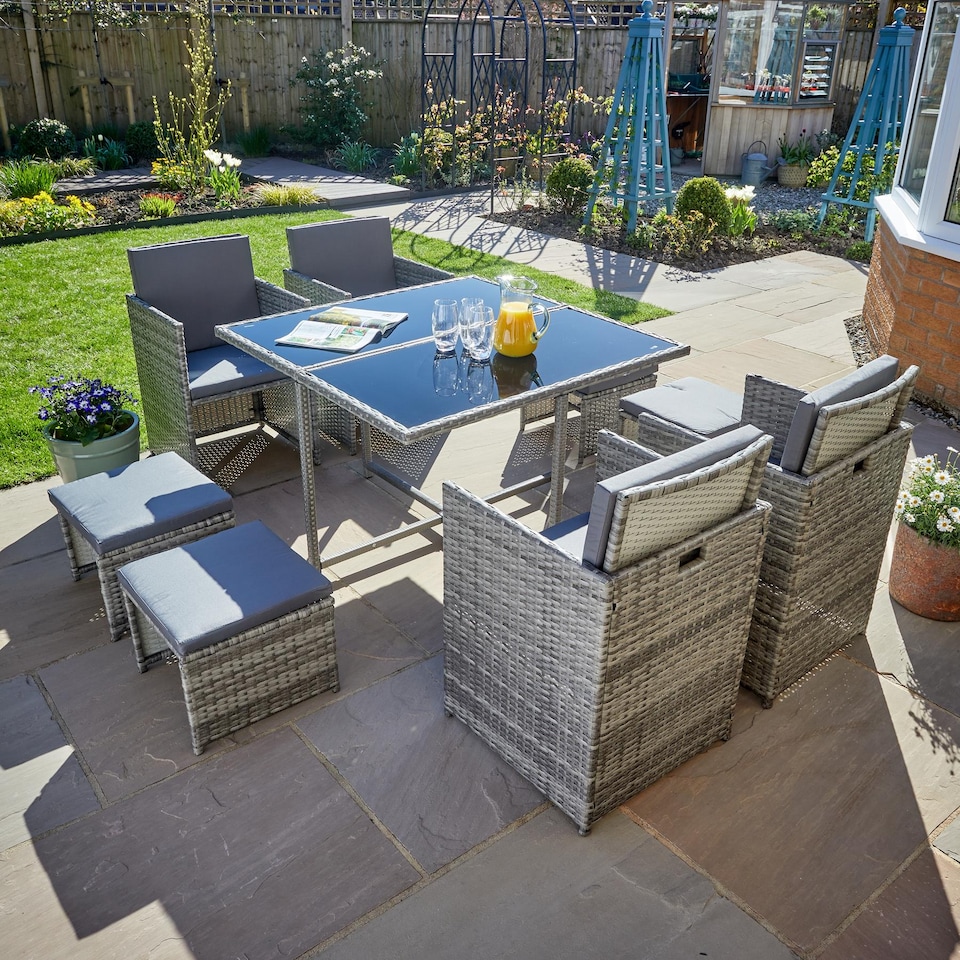 image 1 of 9 Piece Cube Rattan Garden Furniture Set 4 Chairs 4 Footstool Chairs & Table