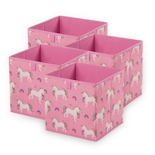 OHS 4 Pack Folding Storage Unicorn Print Cubes Space Saving Home Bedroom Clothes Toy Organiser Pink