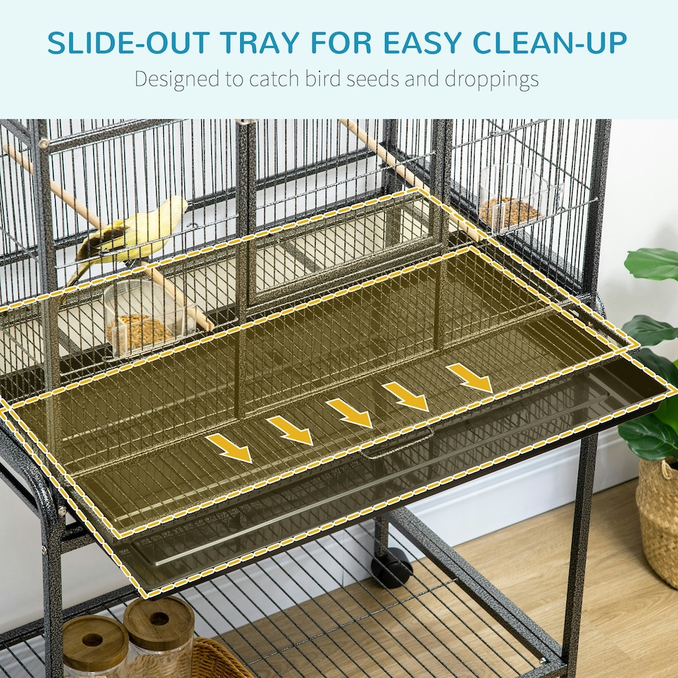 image 1 of PawHut Rolling Bird Cage w/ Detachable stand Storage Shelf  Wood Perch Food Cup