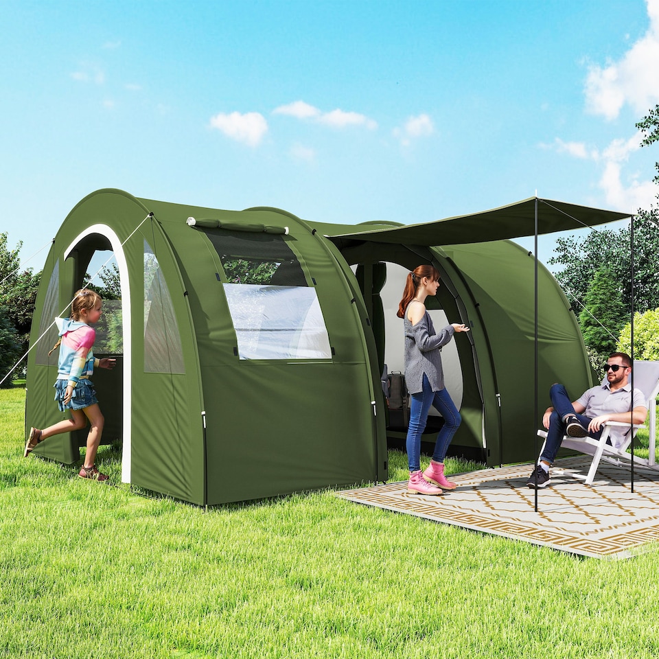 image 1 of Outsunny 5-6 Man Family Tent Camping Tent with 2 Room and Carry Bag, Green | Green | Green