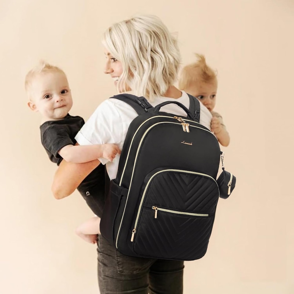 image 1 of LOVEVOOK Nappy Bag Backpack, Quilted Baby Bag with Changing Pad & Pacifier Holder, Waterproof Travel Nappy Bags for Baby Boys Girls, Stylish and Large Capacity, Black
