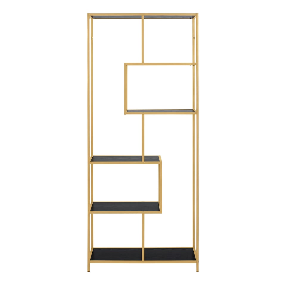 image 1 of Seaford Tall Gold Metal Bookcase with 5 Black Shelves