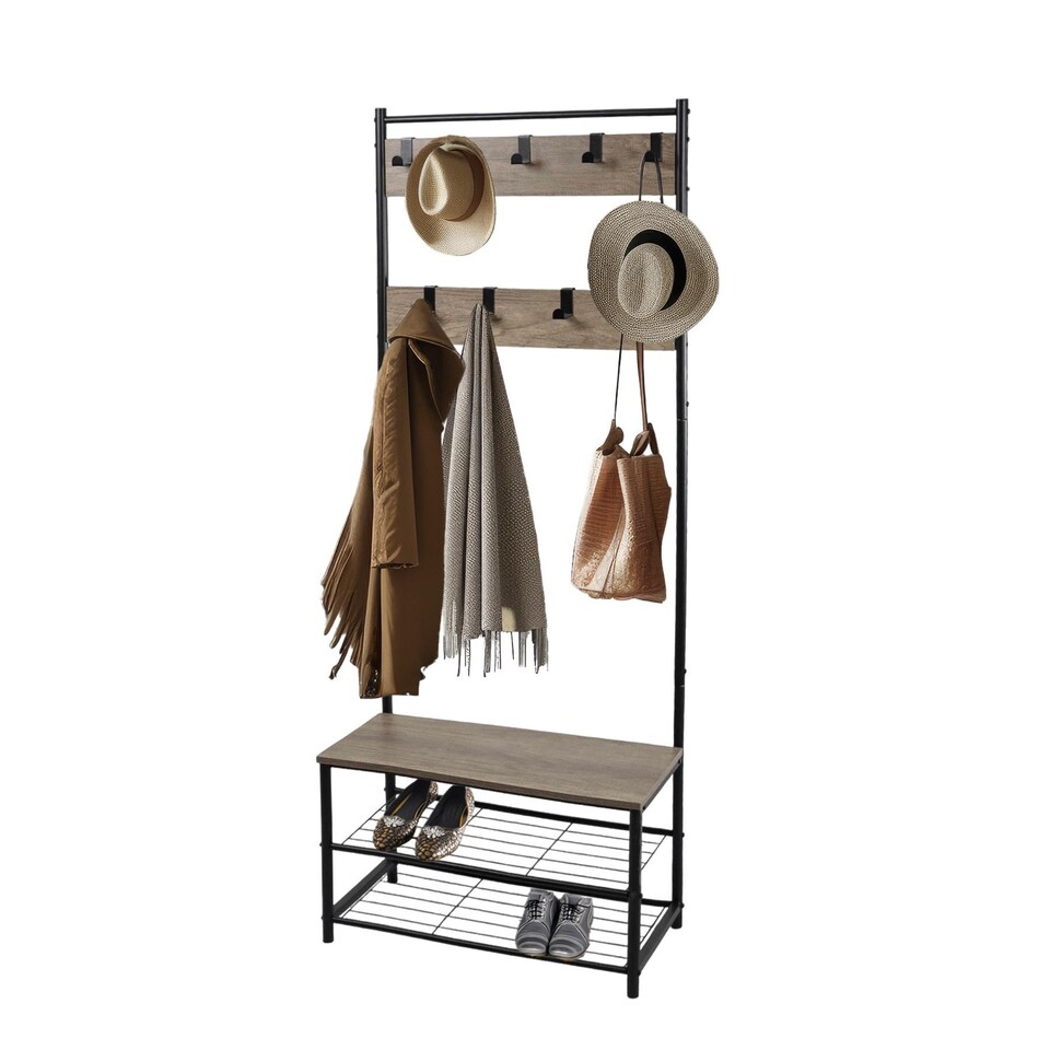 image 1 of House of Home Coat Rack Stand with Shoe Storage Bench 9 Hooks Rustic Light Brown Entrance Hall | Brown | Light Brown