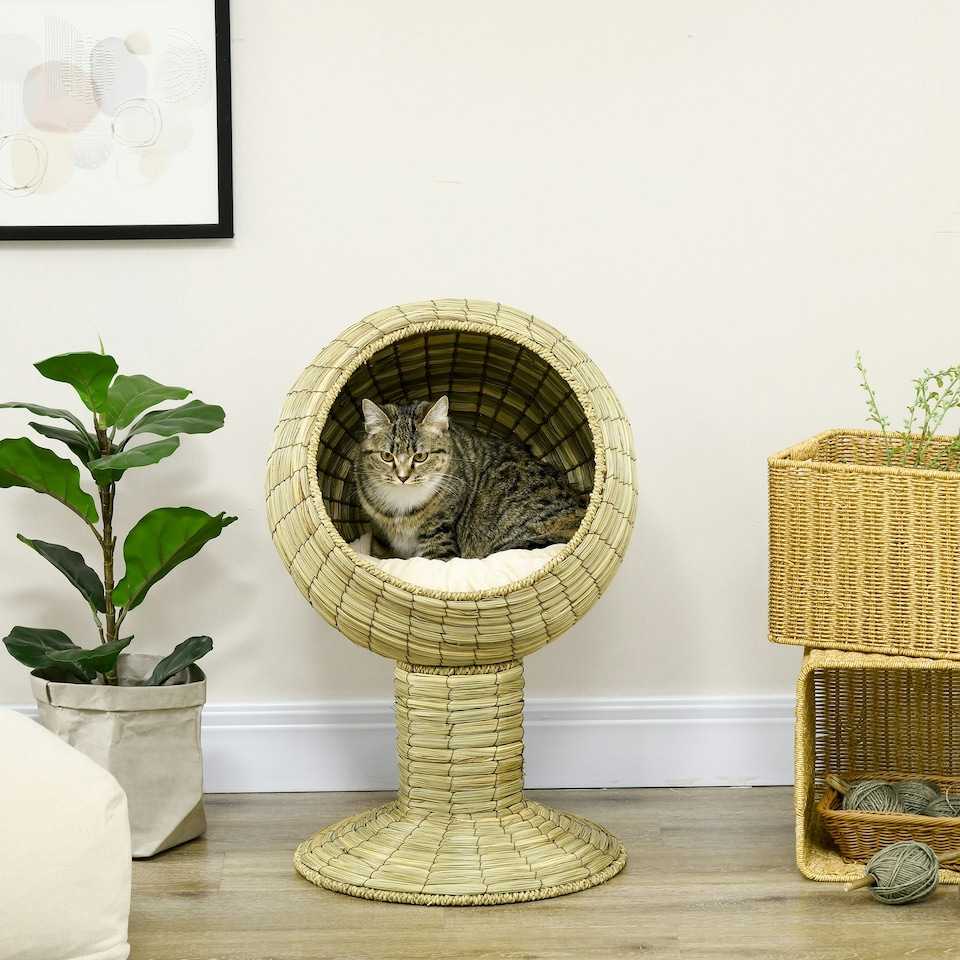 image 1 of PawHut Raised Cat House, Natural Mat Grass Cat Bed w/ Stand Cushion, Φ41x 69 cm