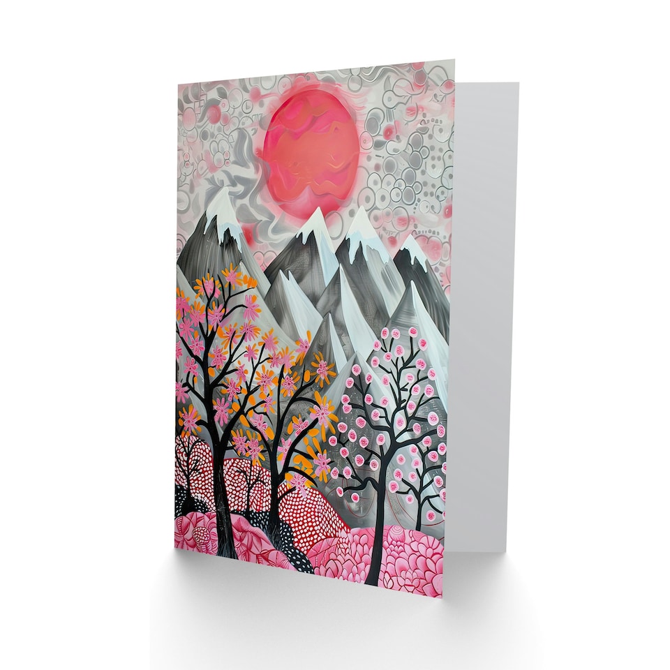 image 1 of Mountain Snow Peaks Pink Blossom Tree Him Her Birthday Card