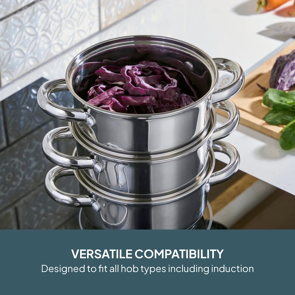 image 1 of Cooks Professional 3 Tier Stainless Steel Steamer Pan - Suitable for All Hobs | Silver | 1