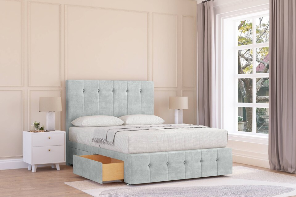 image 1 of Sloomy Cambridge Silver Naples Divan Bed Base 2 Drawers Right Side With 54 Inch Floor Standing Headboard & 12 Inch Matching Footboard | Silver | Silver | Super King | 1