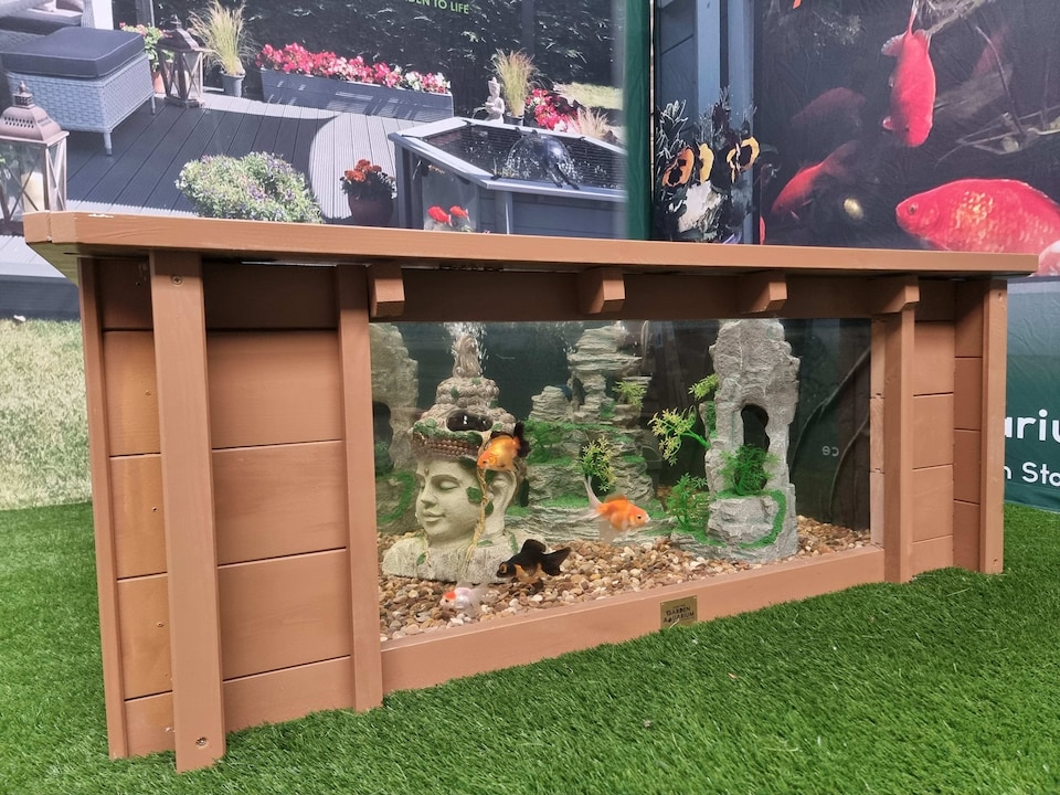 image 1 of Raised square pond with large windows Lotus Clear View Garden Aquarium in Natural Brown