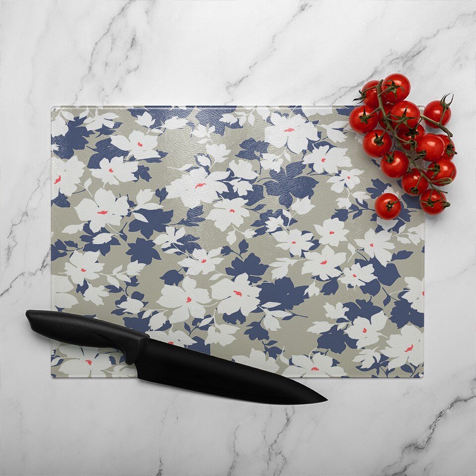 image 1 of Grey Purple & White Flowers Glass Chopping Board | Multi