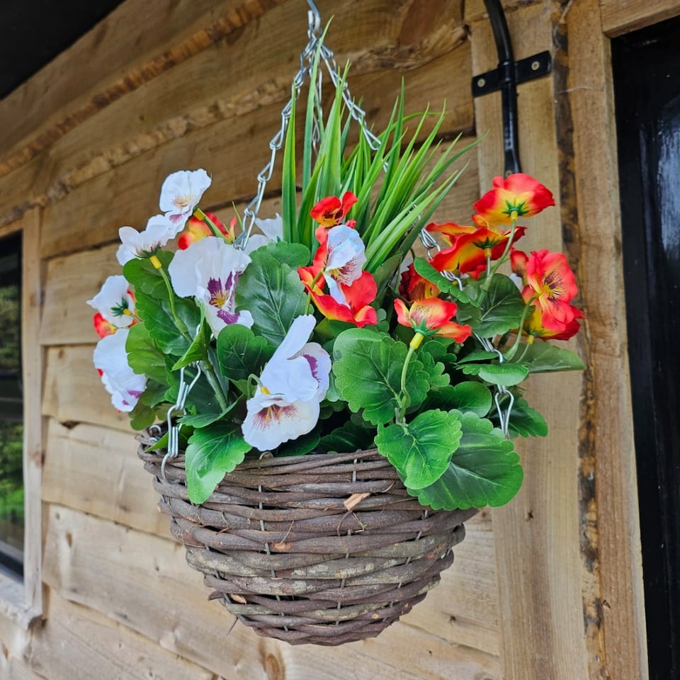 image 1 of Pair of 30cm 10 Inch Flame Red & White Pansy Flower with Rattan Wicker Hanging Baskets for Indoor Outdoor Garden Use | Red | Flame Red & White | 1