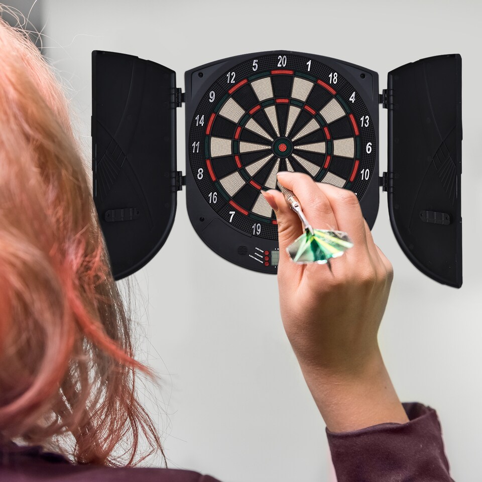 image 1 of HOMCOM Electronic Dartboard Set 26 Games and 185 Variations with 6 Darts and Cabinet to Stroage Multi-Game Option Ready-to-Play