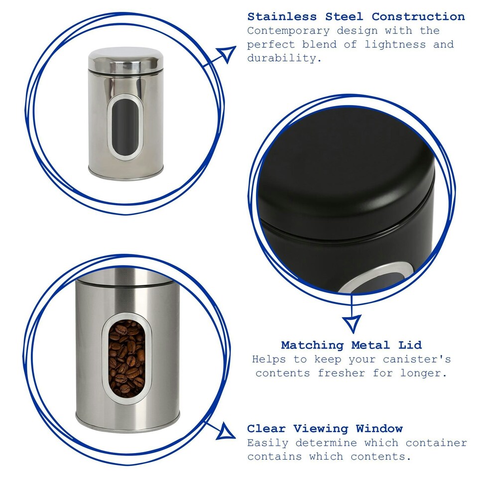 image 1 of Harbour Housewares 3pc Stainless Steel Food Storage Containers Set with Window - Chrome - Kitchen Caddy Kitchen Storage Containers Canisters