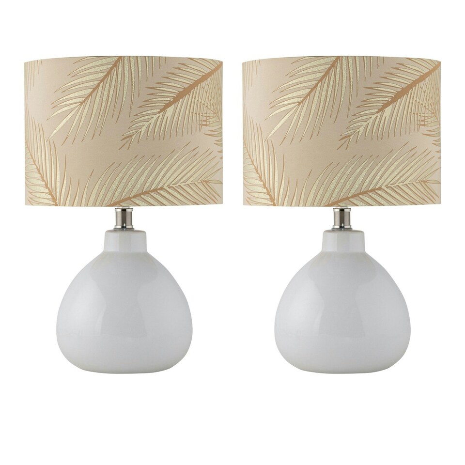 image 1 of First Choice Lighting Set of 2 Tuscan White Ceramic Lamps with Tropical Champagne Shade White | Gold