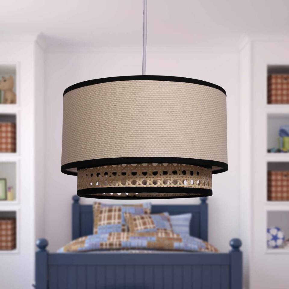image 1 of Set of 2 Koral - Natural Rattan and Cane 25 cm Easy Fit Two Tier Pendant Shades | Cream | Medium | 2