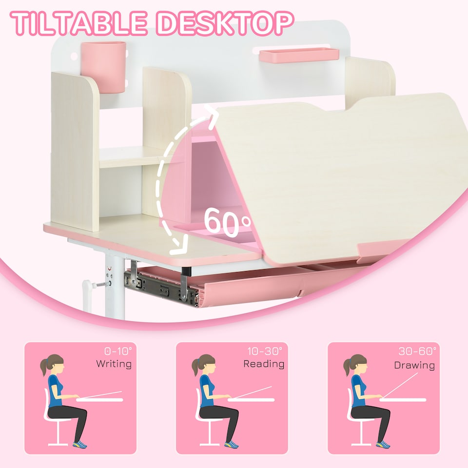 image 1 of HOMCOM Kids Desk and Chair Set with Storage Shelves, Washable Cover - Pink