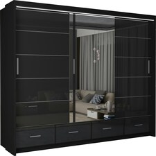 Sleek High Gloss Sliding Wardrobe 255cm with Drawers | White/Black/Grey 3-Door Bedroom Storage Black | Black255cm