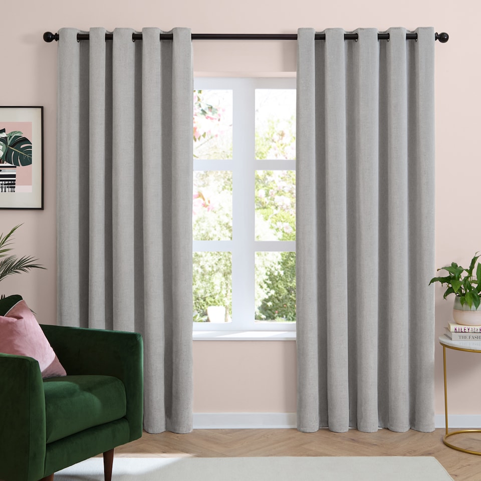 image 1 of Furn Soft Chenille Blackout Eyelet Curtain Pair, 168cm width x 229cm drop | Silver | Silver | 1