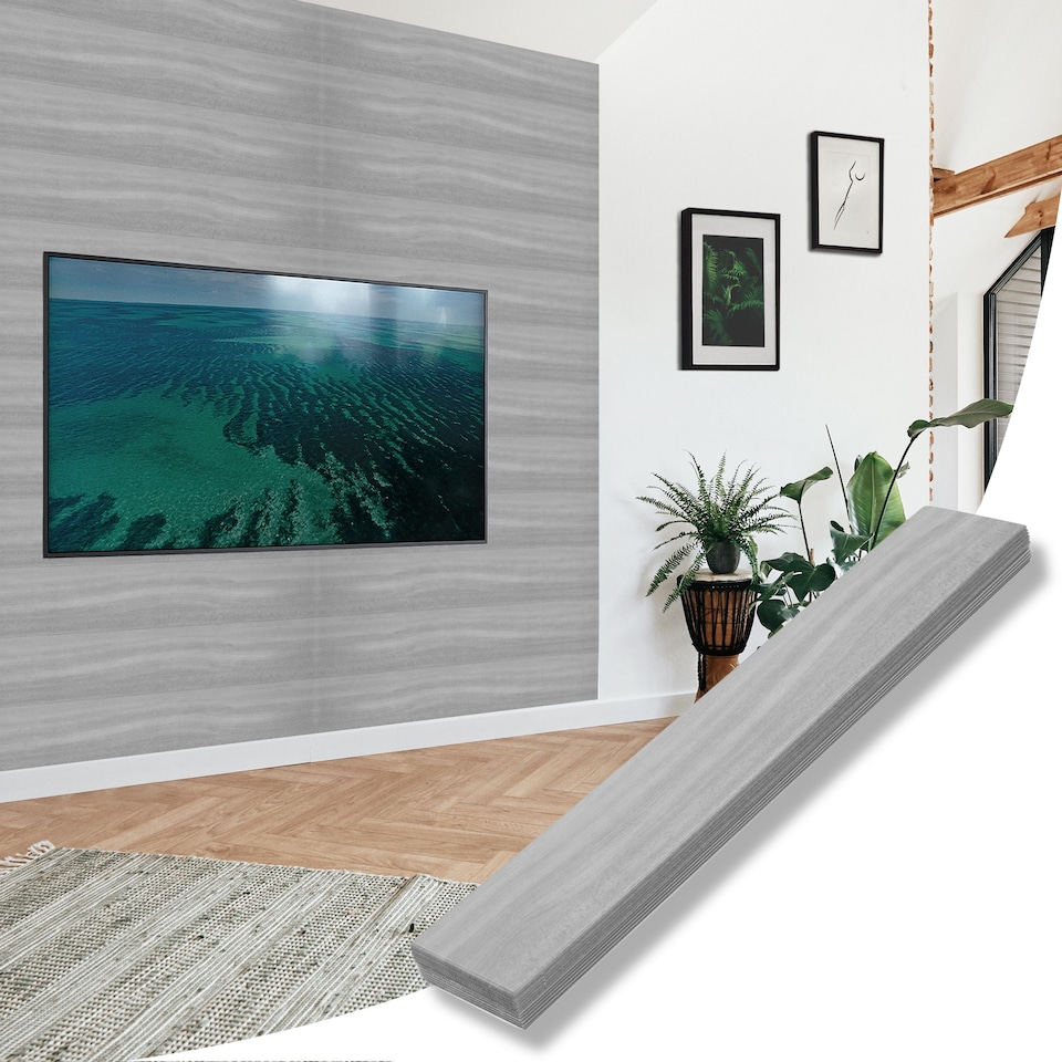 image 1 of NOVECRAFTO Wood Effect Wall Panels – Oak and Grey Board Look – 12 Polystyrene Tiles – 100×16.7cm – Covers 2m² – Lightweight, Easy to Cut & Install Cladding | Brown