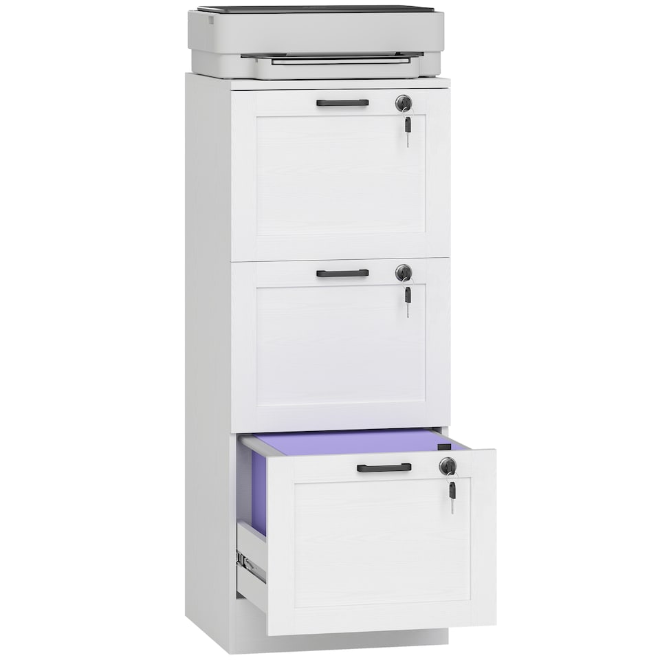 image 1 of HOMCOM 3 Drawer File Cabinet with Lock, Vertical Filing Cabinet with Adjustable Hanging Bars for A4 and Letter Size File Folders, Printer Stand with Storage, White | White | White