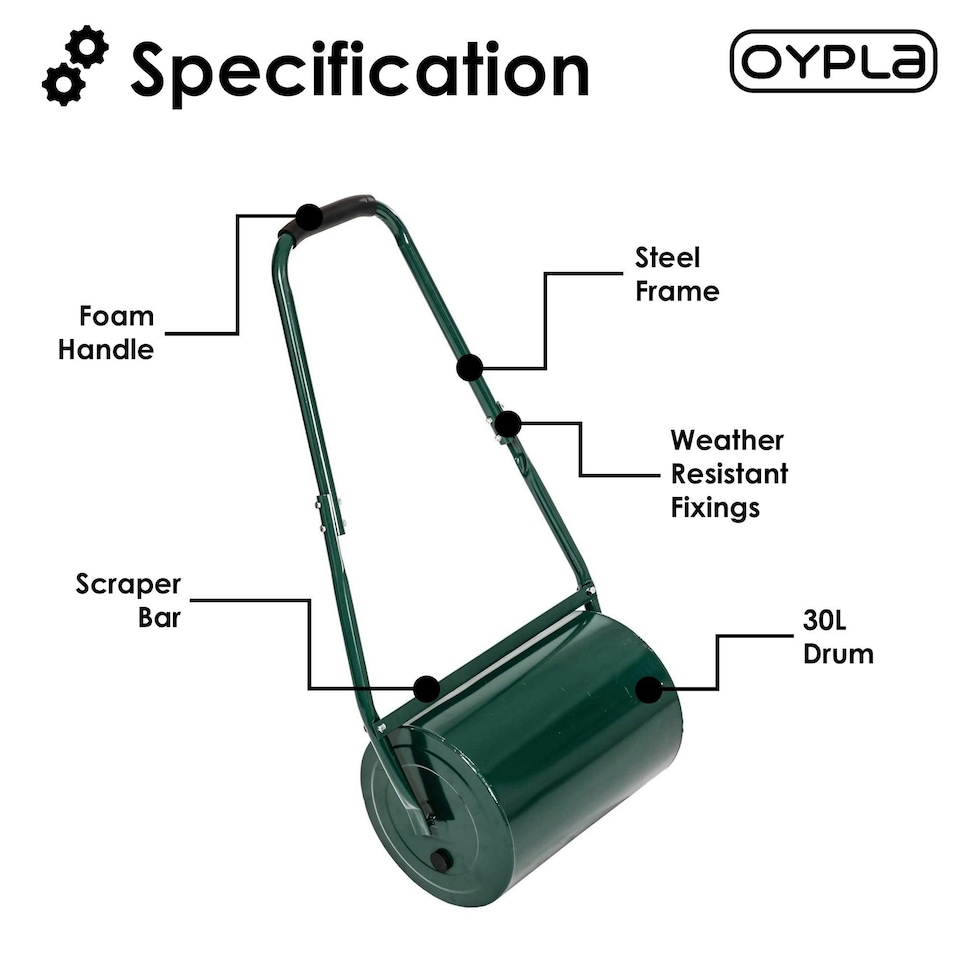image 1 of Oypla Galvanised Garden Steel Lawn Roller 30 Litre Drum Scraper Bar & Collapsible Handle Create a Lawn Worthy of a Bowls Green