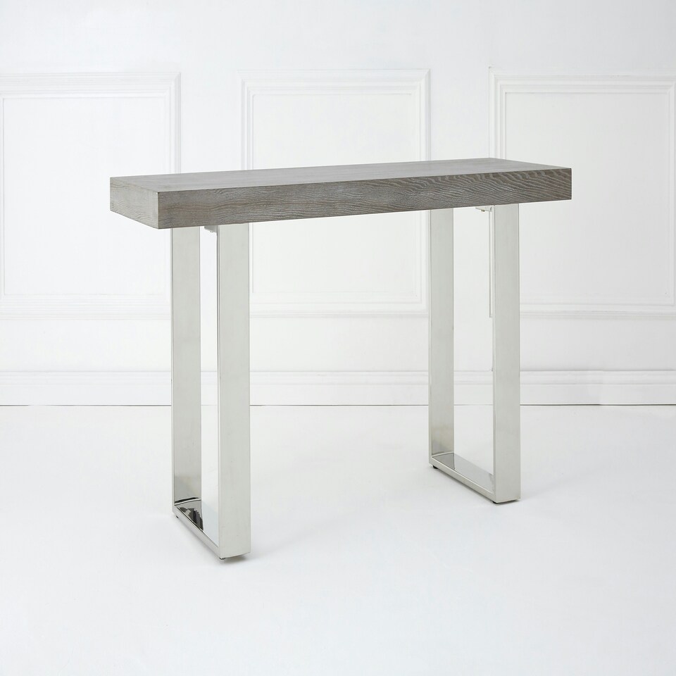 image 1 of Interiors by Premier Contemporary Grey Elm Wood Console Table, Luxe Natural Elm with Stainless Steel Legs, U-Shape Hallway Table Grey