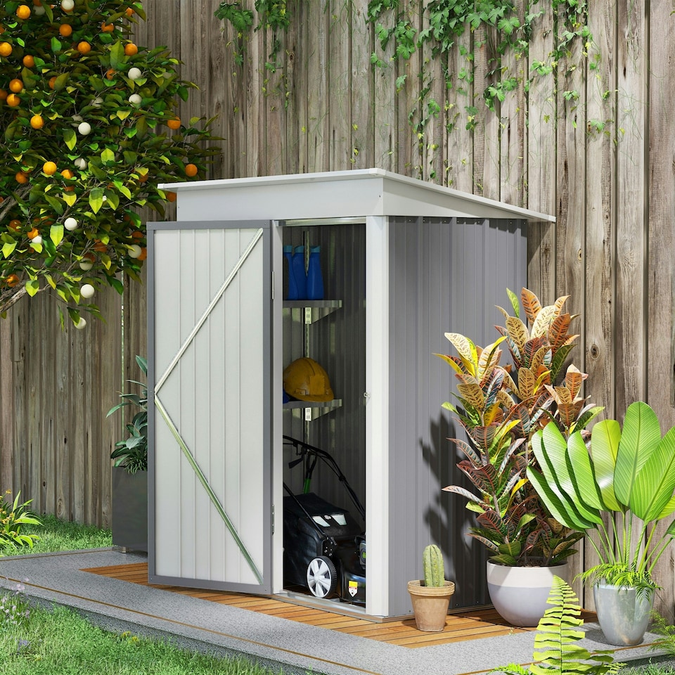 image 1 of Outsunny Steel Garden Shed, Small Lean-to Shed for Bike, 5x3 ft, Grey
