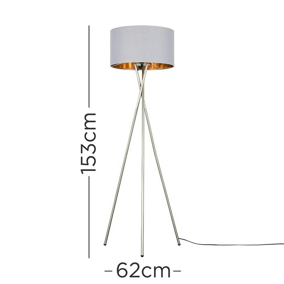 image 1 of ValueLights Camden Brushed Chrome Tripod Floor Lamp Grey & Gold Shade Grey