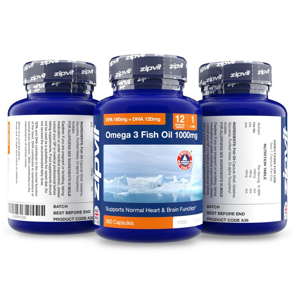 image 1 of Omega 3 Fish Oil 1000mg, 360 Softgels, 12-Month Supply, EPA 180mg & DHA 120mg, Supports Heart, Brain & Eye Health