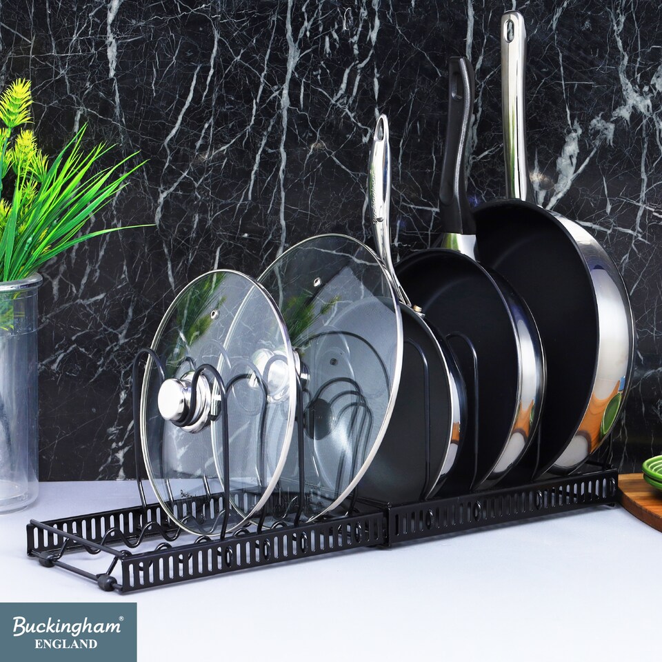 image 1 of Buckingham Expandable Pot, Pan & Lid Organising Rack 8 Dividers - Black | Black