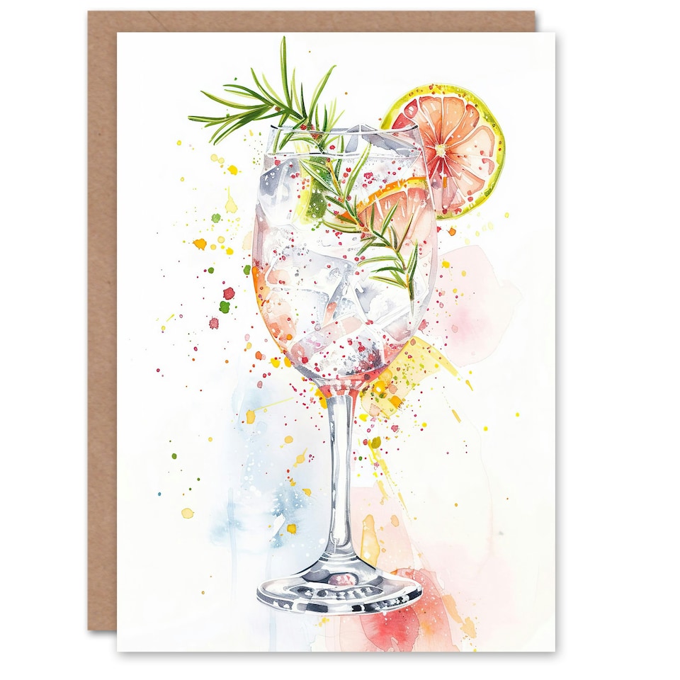 image 1 of Gin Tonic Cocktail Rosemary Watercolour Him Her Birthday Card