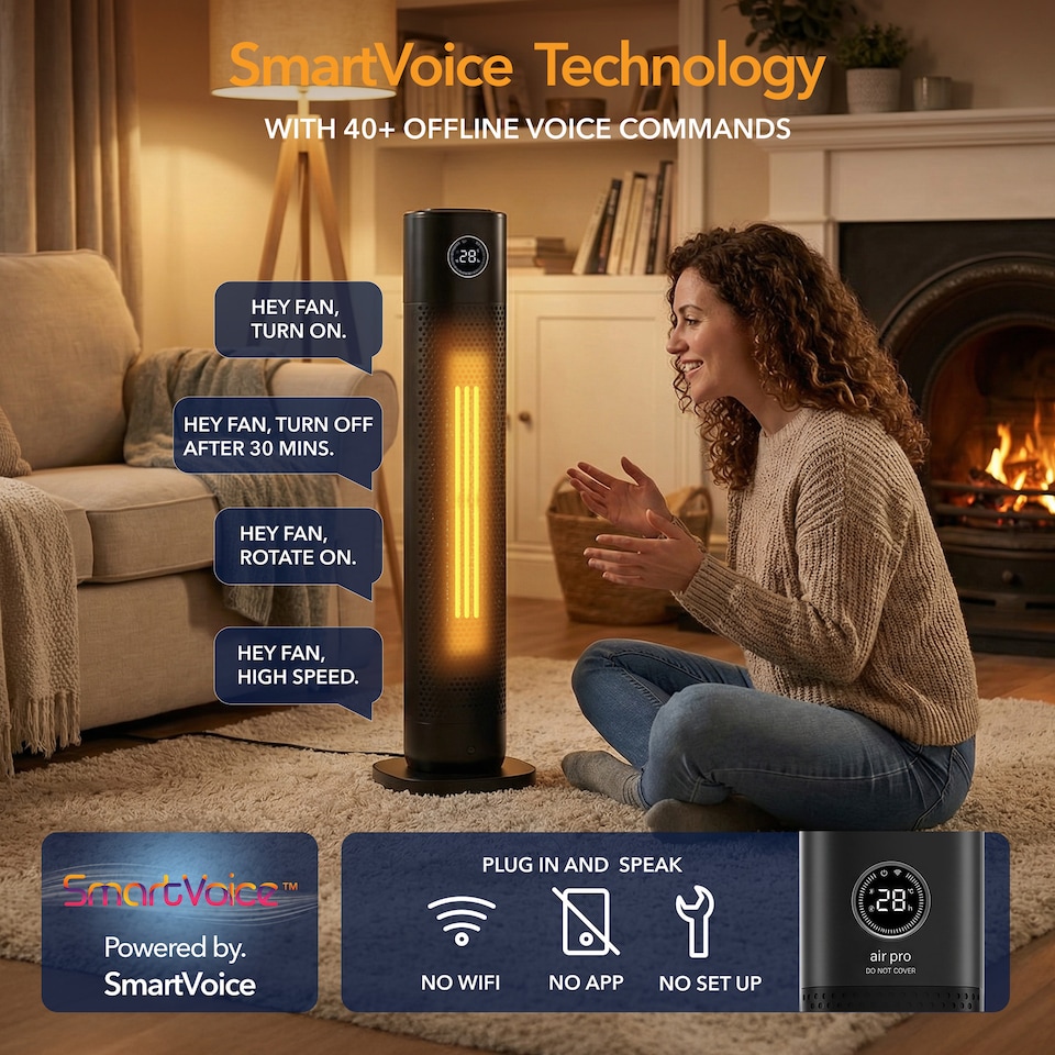 image 1 of Air Pro SmartVoice Hands Free 34 Inch Tower Fan Heater 2 Heat Settings