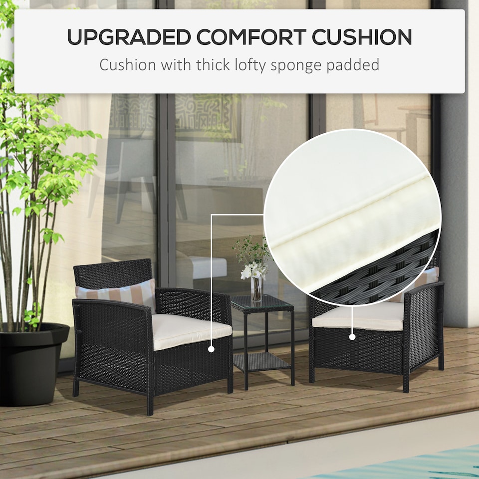 image 1 of Outsunny 3 Pieces Rattan Bistro Set, Wicker Garden Furniture Set, Glass Top 2 tier Coffee Table and Chairs Set with Pillows and Washable Cushions for Outdoor, Patio, Balcony, Black