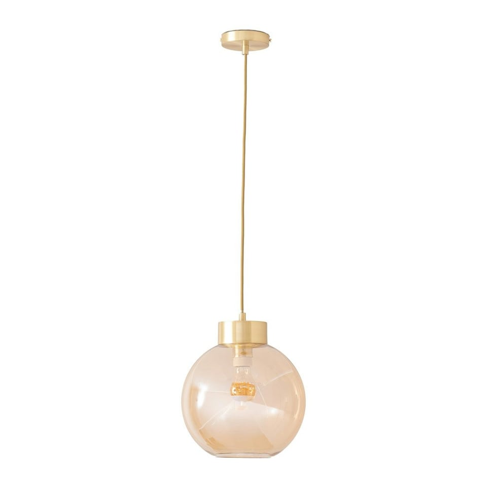 image 1 of ValueLights Bellamy Amber Glass Globe Brushed Gold Capped Ceiling Pendant Light Gold